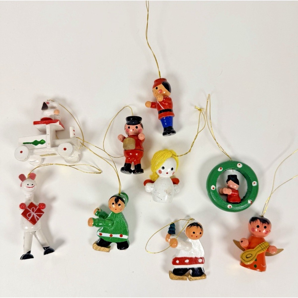 VTG Miniature Wooden Christmas Ornaments Figures 9 Piece Lot Made in Taiwan MCM